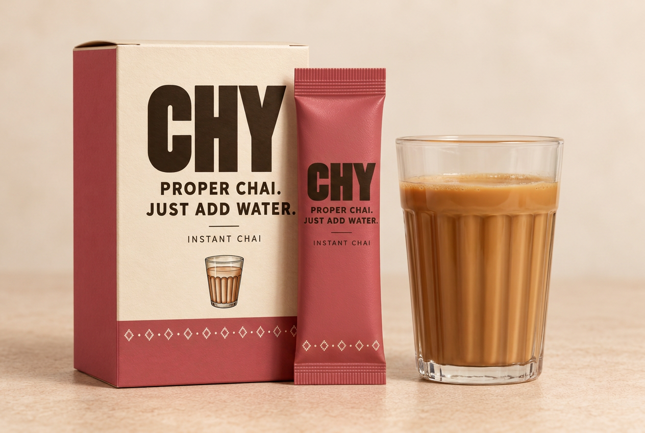 Rose CHY instant chai box, sachet and a glass of chai