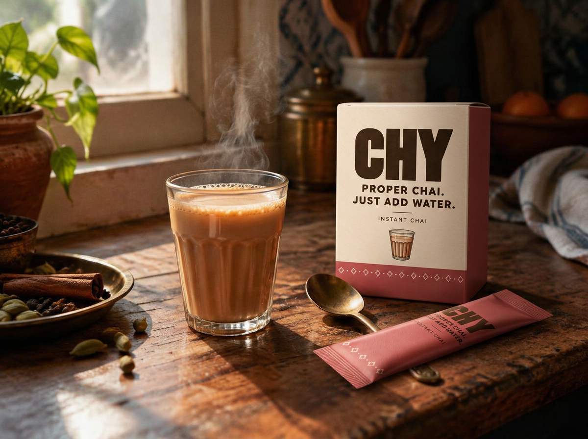 A steaming glass of chai beside the rose CHY box and sachet on a kitchen counter